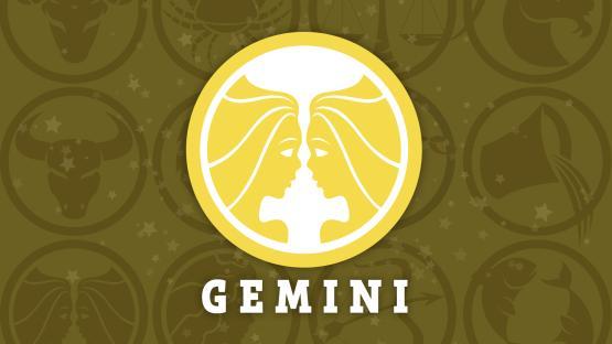 Illustration of Gemini horoscope symbol with other zodiac signs in the background.