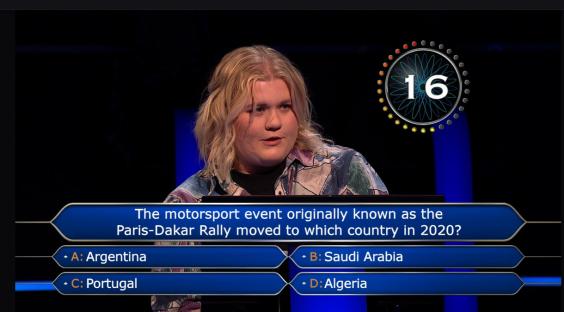 Who Wants to Be a Millionaire? contestant answering a question about the Paris-Dakar Rally.