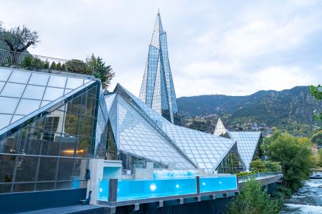 Exterior panorama of the Caldea Thermal Center in Andorra.