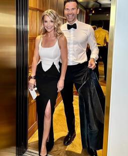 Helen Skelton and Gethin Jones in an elevator.