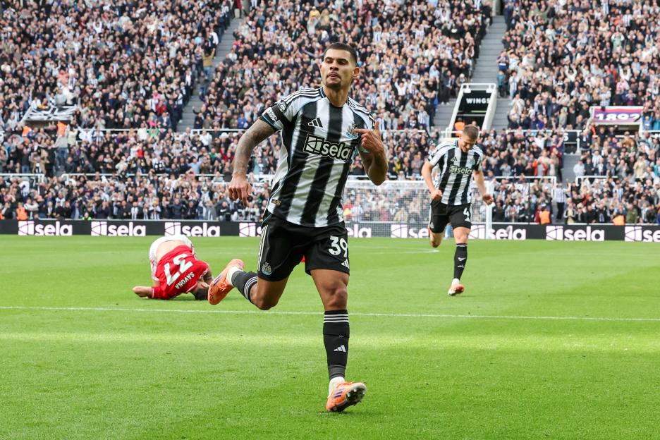 Newcastle United's Bruno Guimaraes celebrates scoring the opening goal against Nottingham Forest.