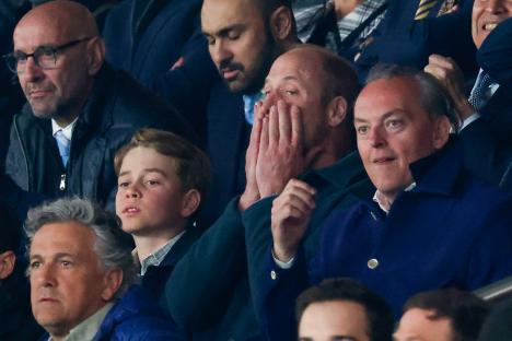 PARIS, FRANCE - APRIL 09: Prince William, Prince of Wales and and Prince George of Wales are seen during the UEFA Champions League 2024/25 Quarter Final First Leg match between Paris Saint-Germain and Aston Villa FC at Parc des Princes on April 09, 2025 in Paris, France. (Photo by Pierre Suu/Getty Images)