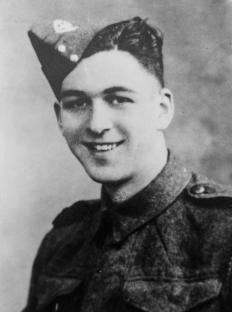 Black and white photo of Richard Brock, an 18-year-old army veteran, in uniform.