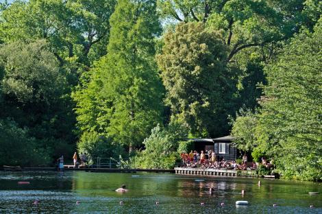 People swimming and relaxing by a pond in Hampstead Heath.