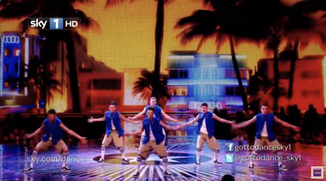 Screenshot of five dancers performing on a stage with a tropical backdrop.