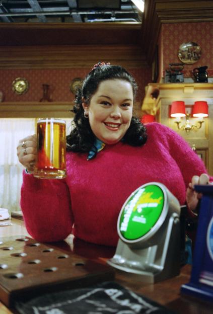 Mandy Dingle from Emmerdale working at the Woolpack.