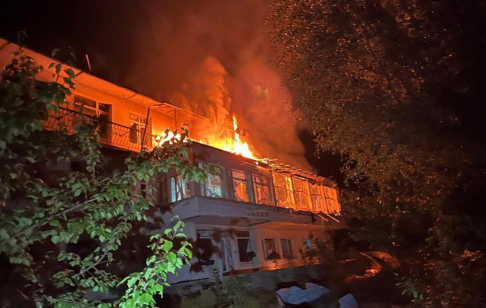 Building engulfed in flames after a Russian attack in Druzhkivka, Ukraine.