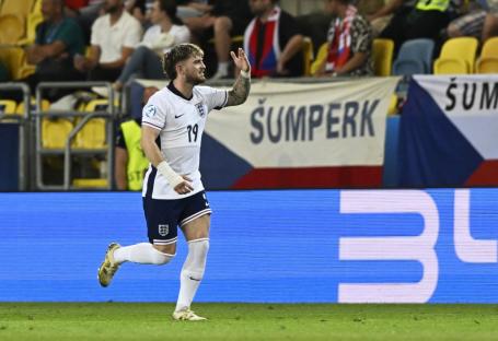 Harvey Elliott of England celebrating a goal.