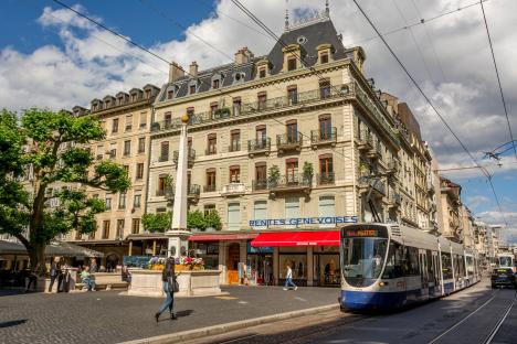 Tram on a Geneva shopping street.