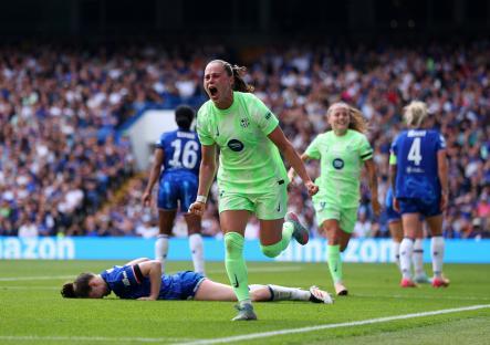 Ewa Pajor of FC Barcelona celebrates scoring a goal.
