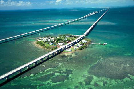 Aerial view of the Seven Mile Bridge in the Florida Keys.
