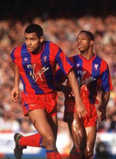 Mark Bright and Ian Wright of Crystal Palace playing soccer.