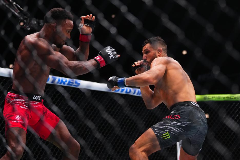 Aaron Pico battling Lerone Murphy in a UFC featherweight fight.