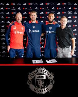 MANCHESTER, ENGLAND - AUGUST 13: (EXCLUSIVE COVERAGE) Matthijs de Ligt and Noussair Mazraoui of Manchester United pose with Manager Erik ten Hag and Sporting Director Dan Ashworth after signing for the club at Carrington Training Ground on August 13, 2024 in Manchester, England. (Photo by Manchester United/Manchester United via Getty Images)