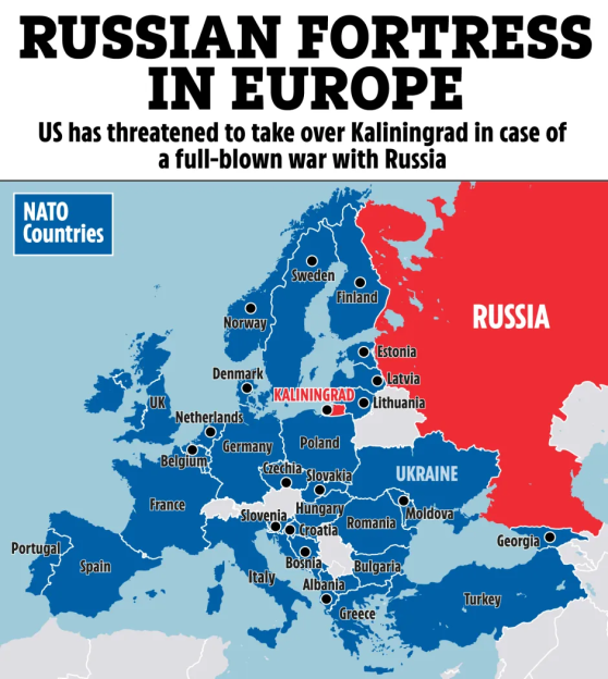 Map of Europe highlighting Kaliningrad and mentioning US threat to take it over in case of war with Russia.