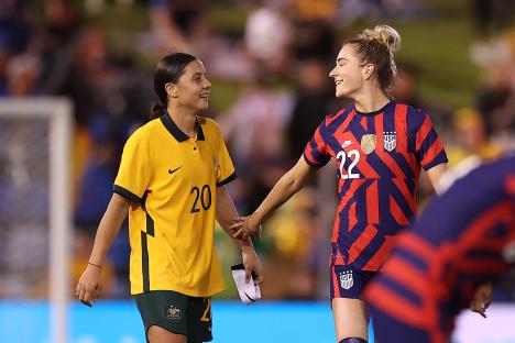 Sam Kerr and Kristie Mewis at an international friendly soccer match.