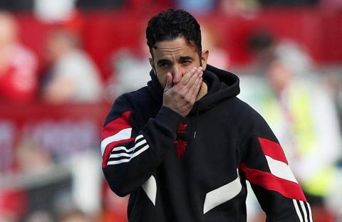 Ruben Amorim, Manchester United manager, reacting during a soccer match.