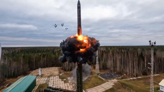 A Yars intercontinental ballistic missile launching from a site in Plesetsk, Russia.