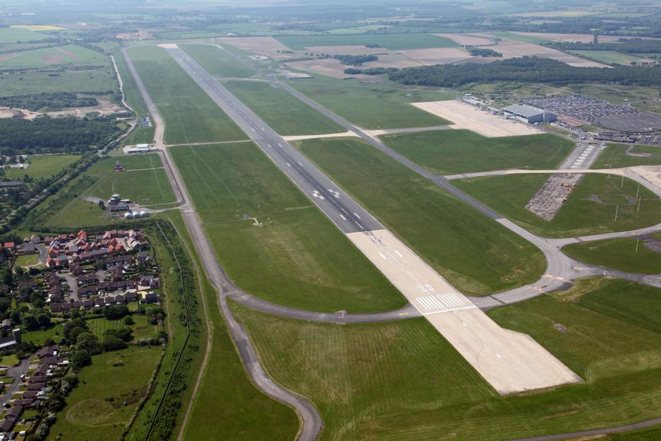 Aerial view of Doncaster Sheffield Robin Hood Airport runway.