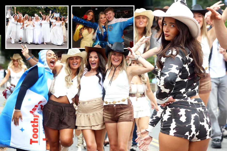 Bank Holiday revellers are all smiles as they don fancy dress & kick off three-day weekend with booze-fuelled Otley Run