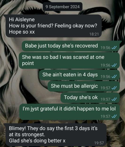 Text messages showing concern for a friend who is ill after receiving weight loss injections.