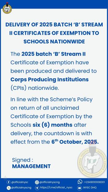 NYSC Unveils 2025 Batch 'B' Stream II Exemption Certificates—Deadline Approaching!