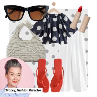 Collage of women's fashion items and Tracey, Fashion Director.