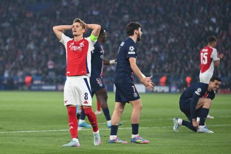 Martin Odegaard of Arsenal reacts after a missed chance during a UEFA Champions League match.