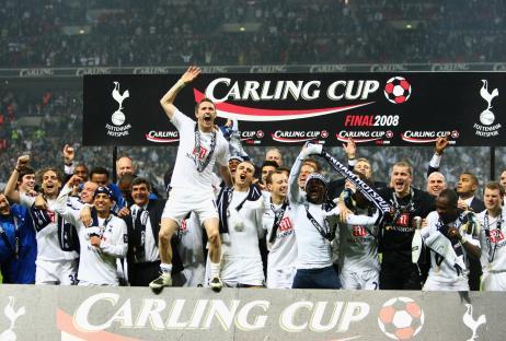 Robbie Keane of Tottenham Hotspur celebrating a Carling Cup victory.