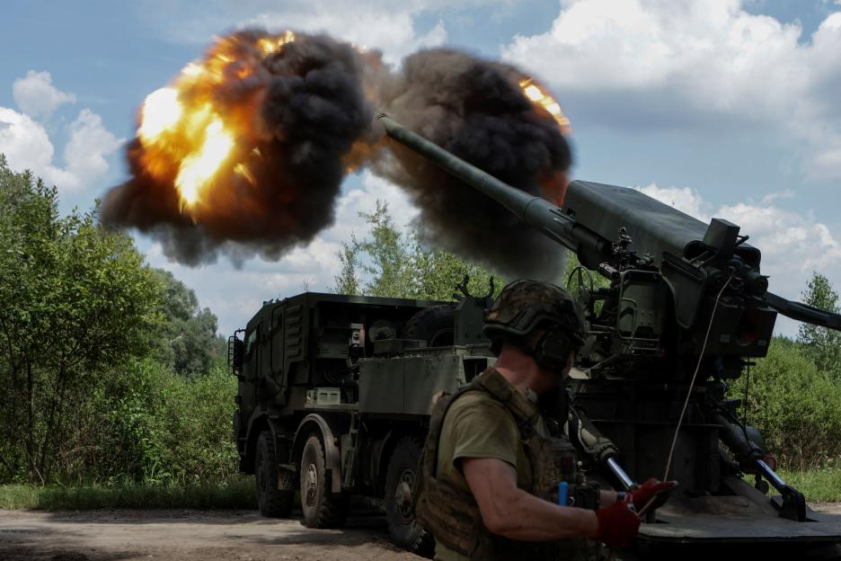 A 2S22 Bohdana self-propelled howitzer firing near the front lines in Ukraine.
