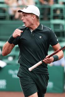 Jenson Brooksby of the United States reacts during a tennis match.