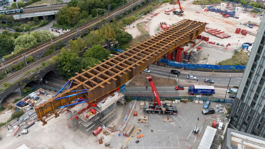 Aerial view of HS2's Lawley Middleway Bridge being installed in Birmingham.