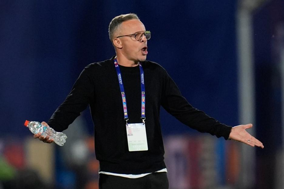 Morocco's coach Mohamed Ouahbi gestures during a FIFA U-20 World Cup Group C soccer match against Brazil at National Stadium in Santiago, Chile, Wednesday, Oct. 1, 2025. (AP Photo/Matias Delacroix)