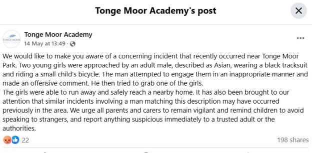 Screenshot of a Facebook post from Tonge Moor Academy about a concerning incident involving a man approaching young girls.