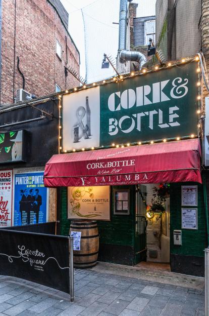 The exterior of Cork & Bottle Wine Bar in London's Leicester Square.