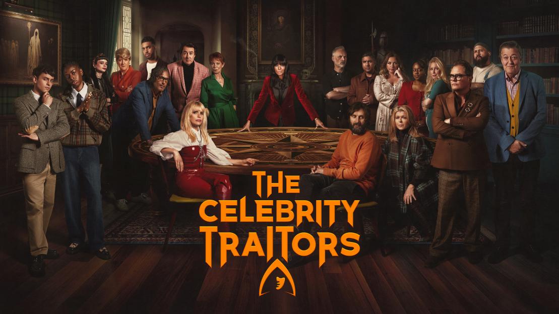 A group of celebrities in a dimly lit, ornate room with the text "The Celebrity Traitors" superimposed.
