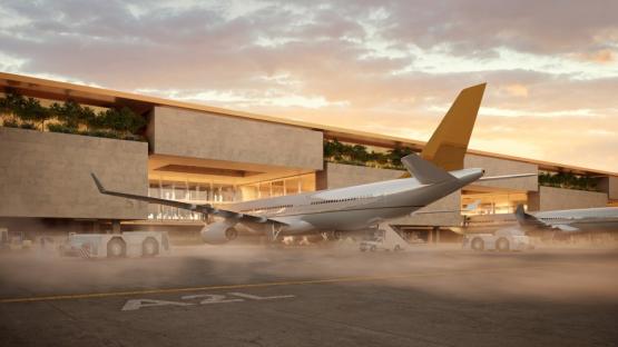 Airplane at modern airport terminal.