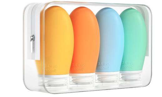 Four 100ml silicone travel bottles in a clear zipper pouch.