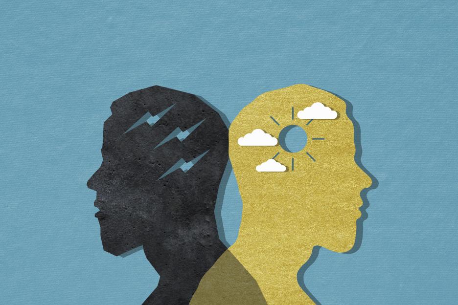 Illustration of two heads representing opposite mental states.