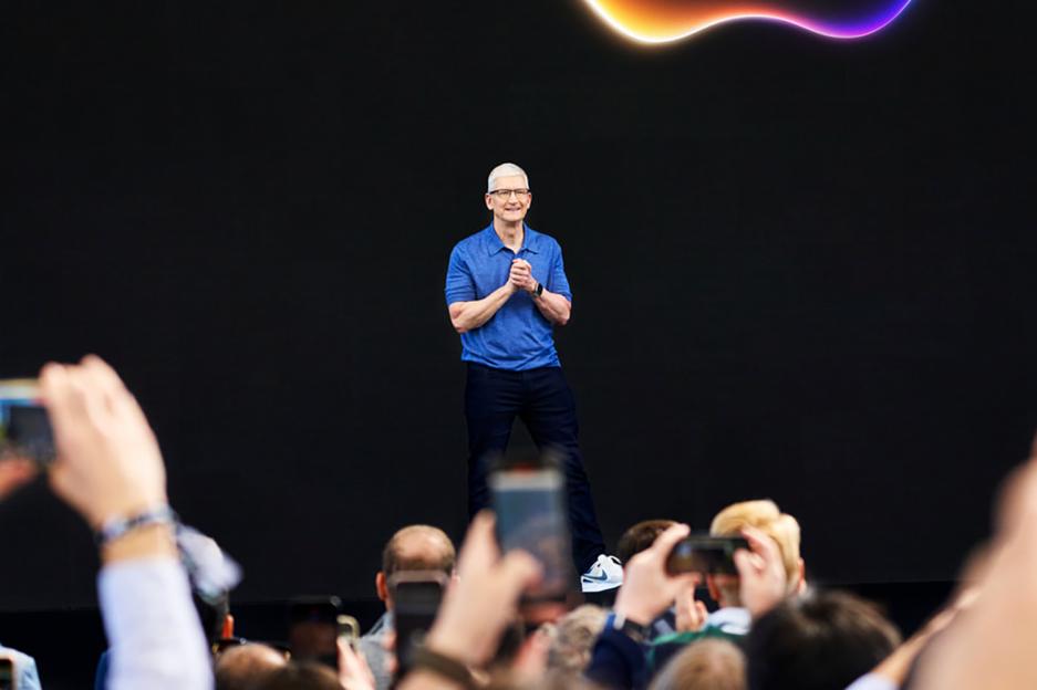 Tim Cook on stage at an Apple event.