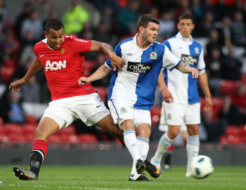Soccer players from Manchester United and Blackburn Rovers competing.