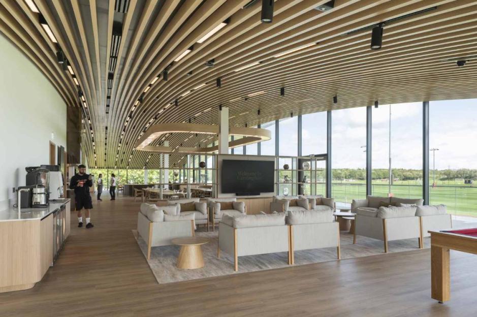 Refurbished Manchester United Carrington training ground lounge.