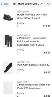 Order confirmation showing children's clothing and shoes.