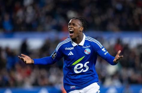 Mandatory Credit: Photo by Antonin UTZ/SIPA/REX/Shutterstock (15078211aa) Strasbourg's Dutch forward #10 Emanuel Emegha celebrates after scoring during the French Ligue 1 football match between Racing Club Strasbourg and AJ Auxerre at Stade de la Meinau in Strasbourg, eastern France, on January 05, 2025. Dutch striker #10 Emanuel Emegha celebrates after his goal during the Ligue 1 match between Racing Club Strasbourg and AJ Auxerre at the Stade de la Meinau in Strasbourg, is from France, on 05 January 2025. Racing Club Strasbourg Alsace v AJ Auxerre, Ligue 1 football match, Stade de la Meinau, Strasbourg, France - 05 Jan 2025