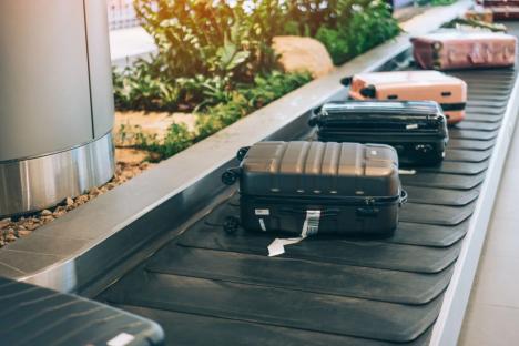 An image collage containing 1 images, Image 1 shows Suitcases on an airport baggage carousel