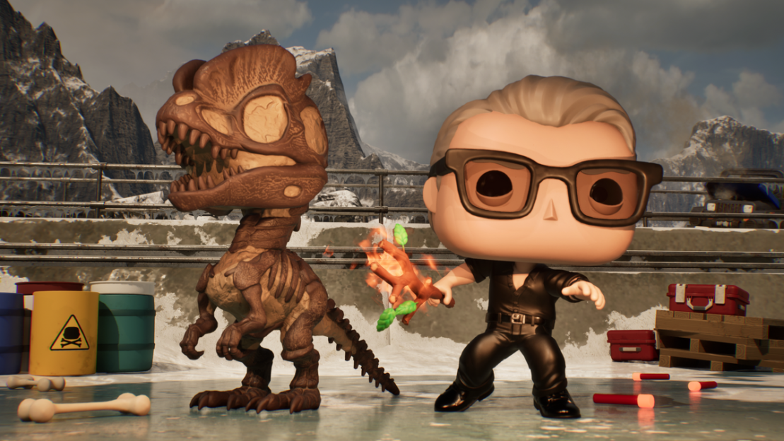 Illustration of a Funko Pop! figure and a dinosaur.