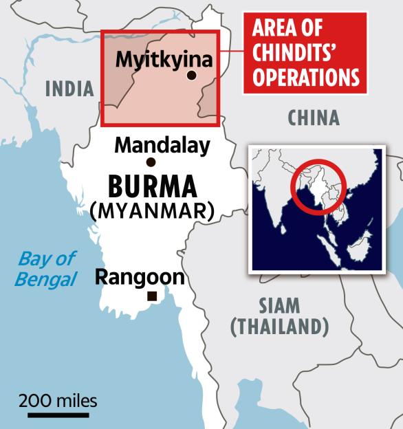 Map of Burma (Myanmar) showing Chindits' operations area.