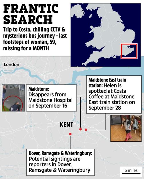 Illustration of a map of Kent, England, showing locations related to a missing 59-year-old woman, including Maidstone Hospital, Maidstone East train station, and areas of potential sightings in Dover, Ramsgate, and Wateringbury.