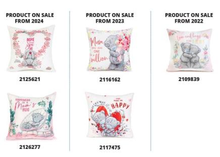 Collage of five Me to You cushions with different designs and product numbers.