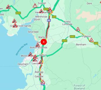 M5 motorway delays map showing traffic congestion.